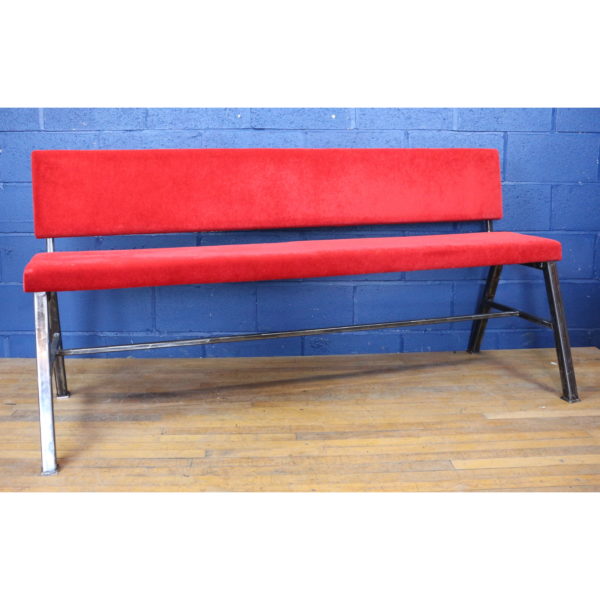 A Large Industrial Steel & Red Velvet Waiting Room Bench Seating Hallway Seat