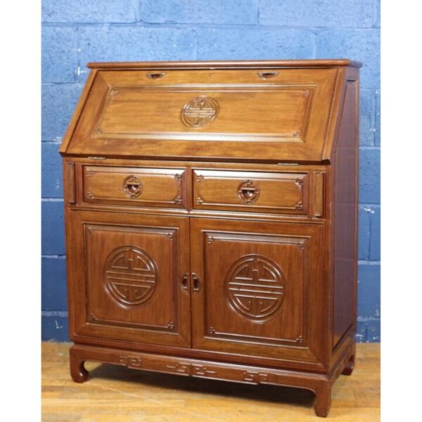 A Chinese Carved Hardwood Fall Front Bureau with Fitted Interior