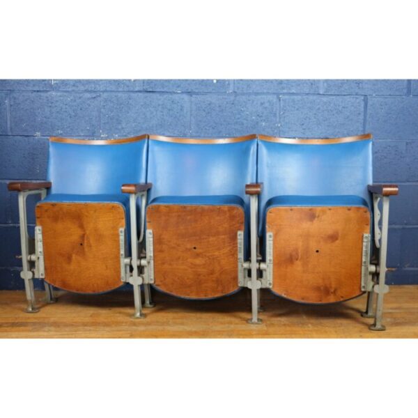 A Row of Three Vintage Retro Art Deco Cinema Theatre Seats or Chairs Blue Leather REF6