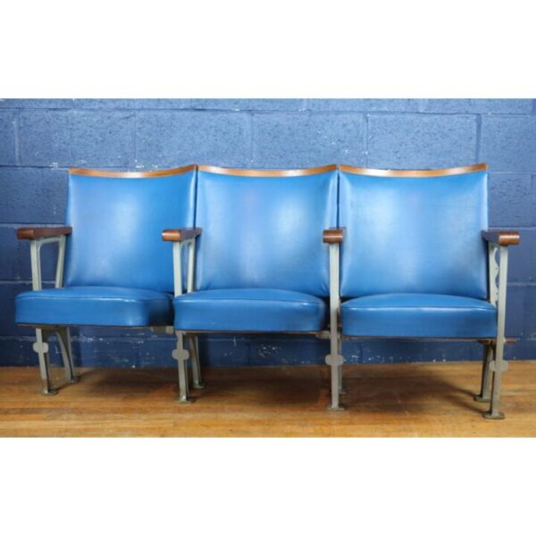 A Row of Three Vintage Retro Art Deco Cinema Theatre Seats or Chairs Blue Leather REF6 - Image 2