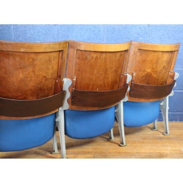 A Row of Three Vintage Retro Art Deco Cinema Theatre Seats or Chairs Blue Leather REF6 - Image 3