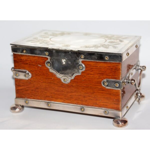 A Quality Early C20th Oak & Silver Plated Tea Caddy Engraved Decoration