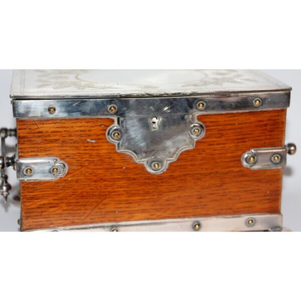 A Quality Early C20th Oak & Silver Plated Tea Caddy Engraved Decoration - Image 2