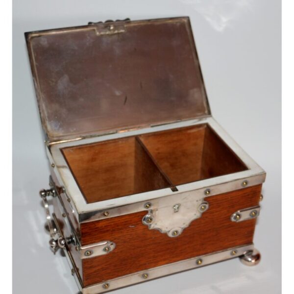 A Quality Early C20th Oak & Silver Plated Tea Caddy Engraved Decoration - Image 5