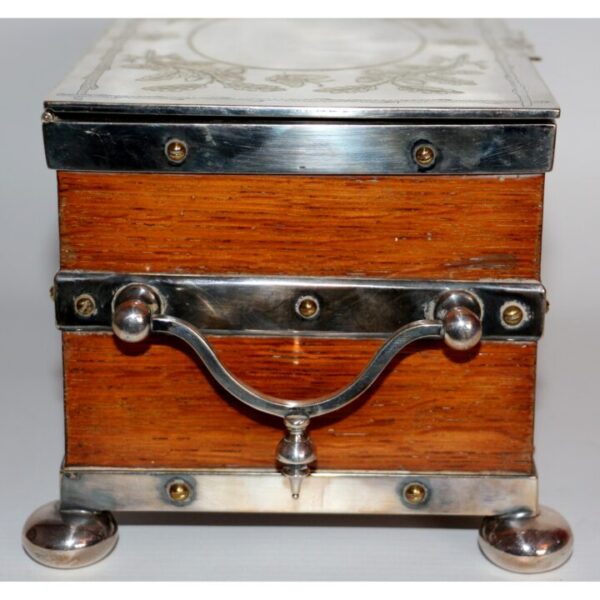 A Quality Early C20th Oak & Silver Plated Tea Caddy Engraved Decoration - Image 4