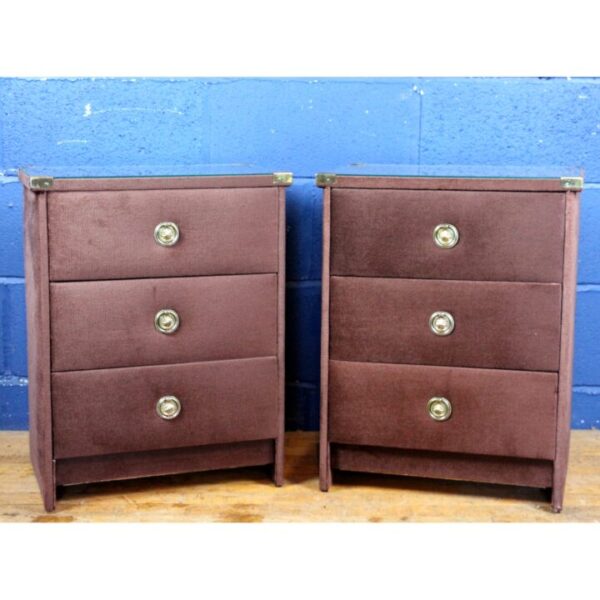 A Pair of Vintage Retro Brown Velvet Covered Three Drawer Bedside Chest of Drawers