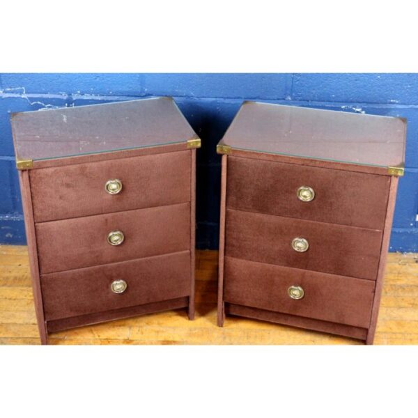 A Pair of Vintage Retro Brown Velvet Covered Three Drawer Bedside Chest of Drawers - Image 2