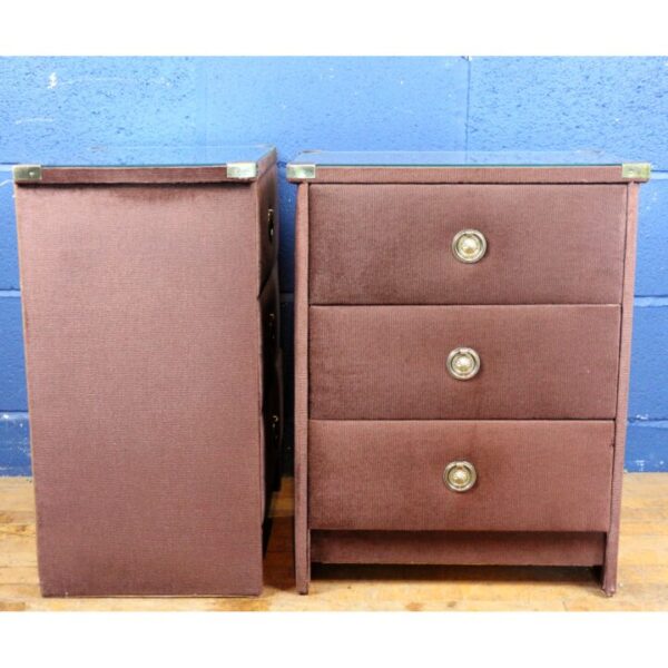 A Pair of Vintage Retro Brown Velvet Covered Three Drawer Bedside Chest of Drawers - Image 6