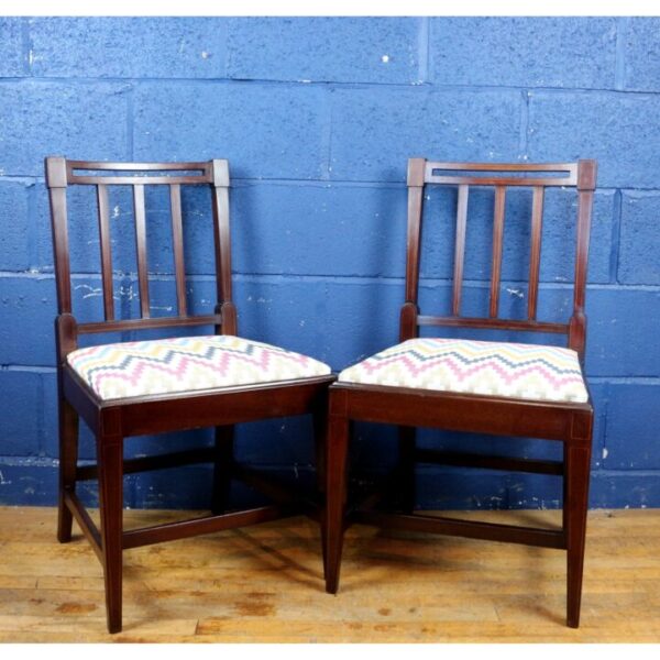 A Set of Four Edwardian Inlaid Mahogany Slat Back Dining Chairs Freshly Reupholstered - Image 2