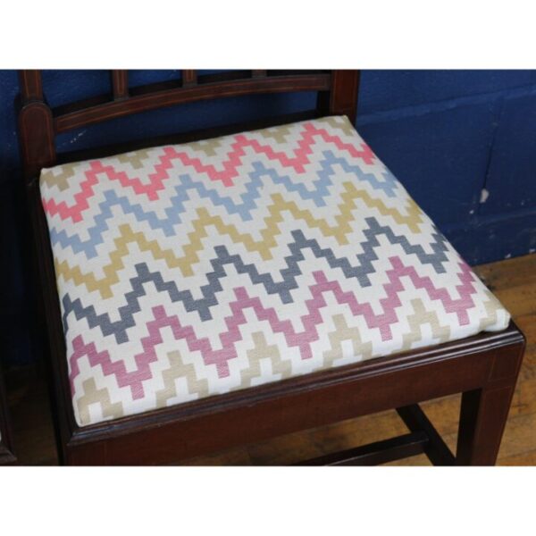 A Set of Four Edwardian Inlaid Mahogany Slat Back Dining Chairs Freshly Reupholstered - Image 6