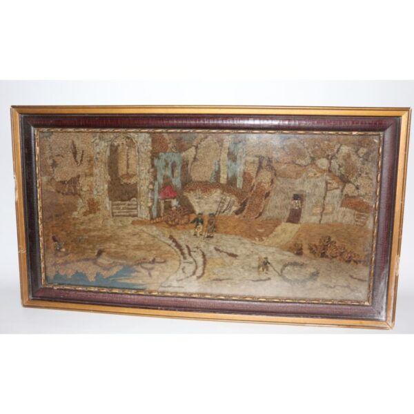 A Large Antique Georgian Stumpwork Picture Landscape with Figures & Cannon