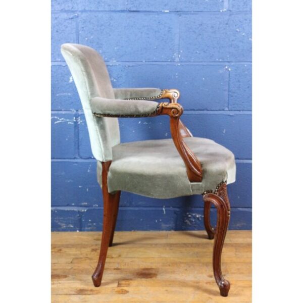 An Antique Carved Walnut Open Armchair Upholstered in Blue Velvet - Image 7