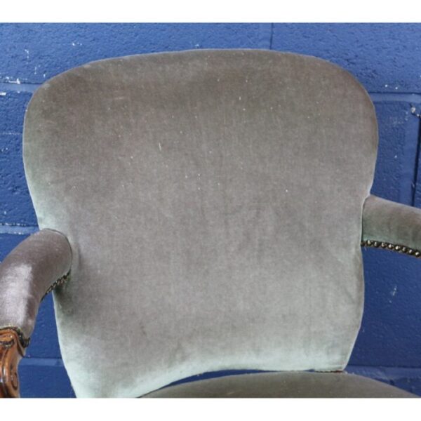 An Antique Carved Walnut Open Armchair Upholstered in Blue Velvet - Image 6