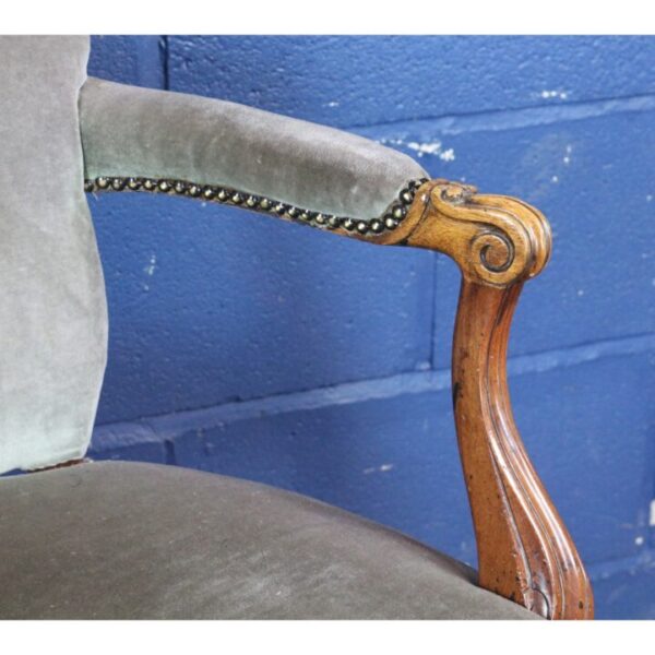 An Antique Carved Walnut Open Armchair Upholstered in Blue Velvet - Image 5