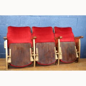 A Row of Three Vintage Art Deco C1930s Cinema Theatre Seats or Chairs Red Velvet & Aisle End Panels REF17