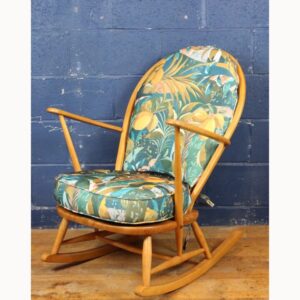 A Quality Vintage Blonde Ercol Grandfather Spindle Back Rocking Chair Model 315 Recently Reupholstered