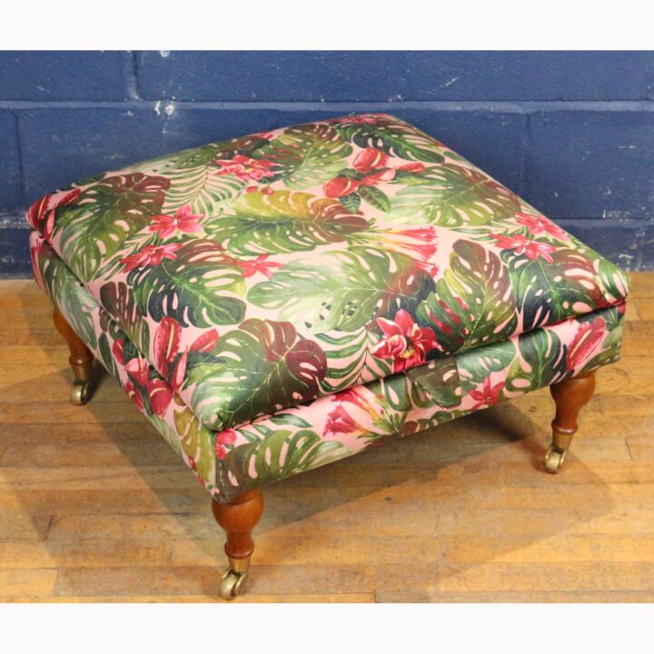 A Large Square Footstool or Ottoman with Storage, Reupholstered in Stylised Material Raised on Turned Supports - Image 2