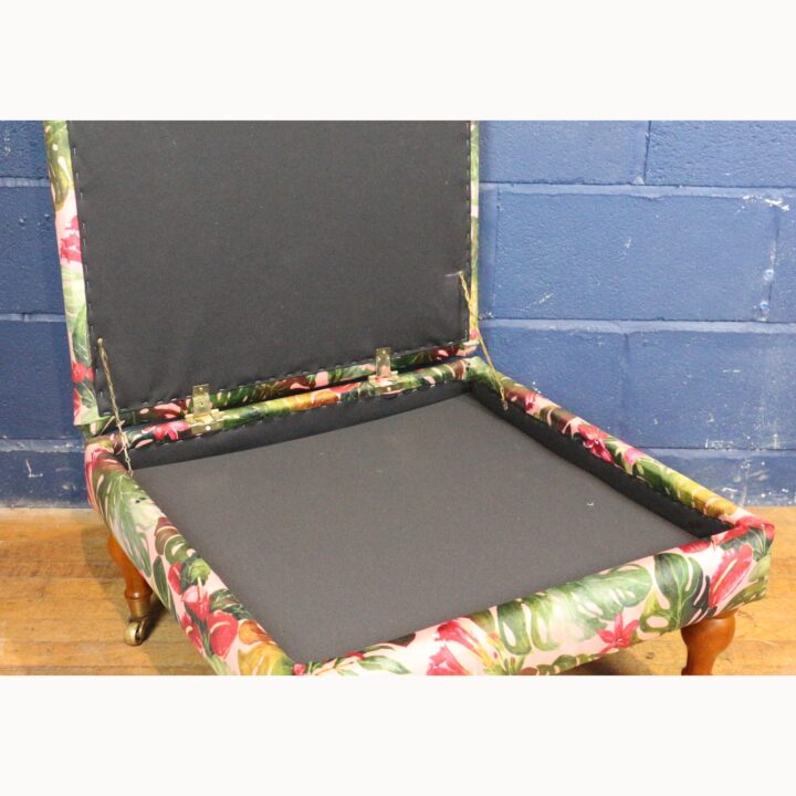 A Large Square Footstool or Ottoman with Storage, Reupholstered in Stylised Material Raised on Turned Supports - Image 5