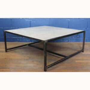 A Large Industrial Marble Topped Coffee Table with Steel Frame Base