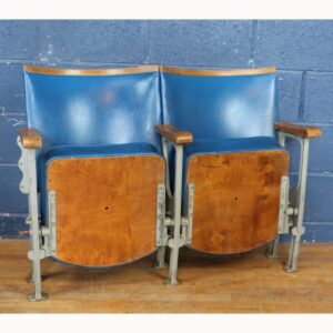 A Pair of Vintage Art Deco C1930s Cinema Theatre Seats Blue Leather REF5