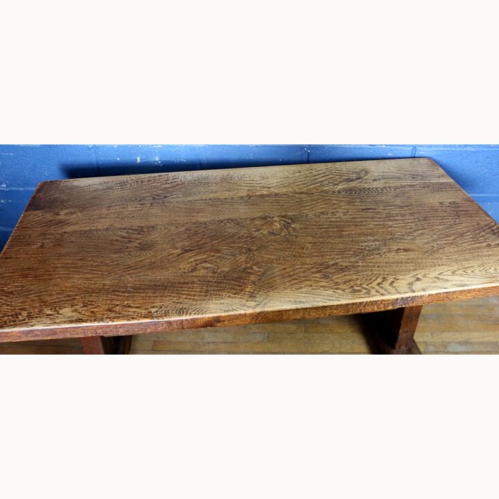 A Rustic Solid Oak Trestle Dining Table along with Set of Four Ladder Back Rush Seat Dining Chairs - Image 13