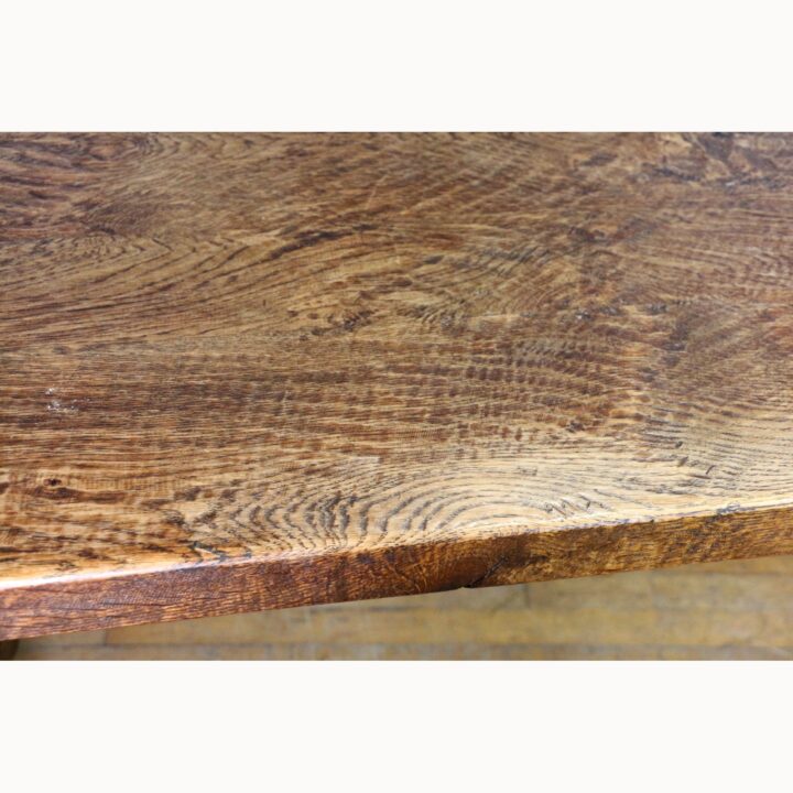 A Rustic Solid Oak Trestle Dining Table along with Set of Four Ladder Back Rush Seat Dining Chairs - Image 11