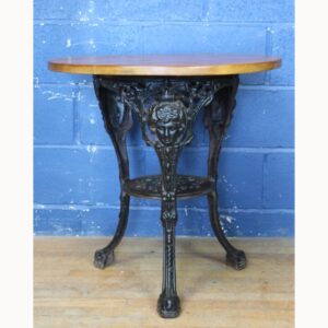 A Vintage Cast Iron Circular Pub Table with Waxed Wooden Top