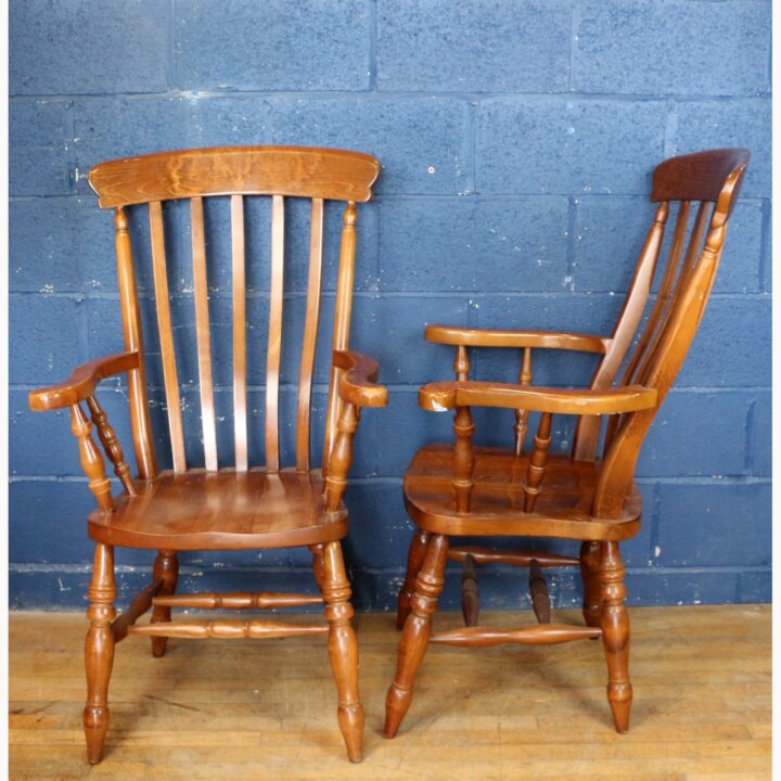 A Vintage Ash Slatback Kitchen Arm Chair Raised on Turned Supports - Image 2