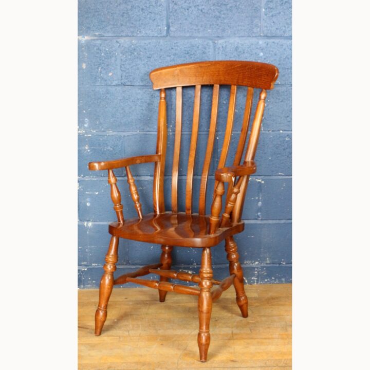 A Vintage Ash Slatback Kitchen Arm Chair Raised on Turned Supports - Image 9
