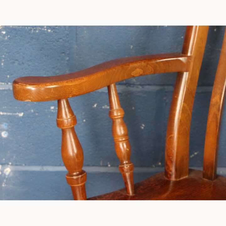 A Vintage Ash Slatback Kitchen Arm Chair Raised on Turned Supports - Image 7