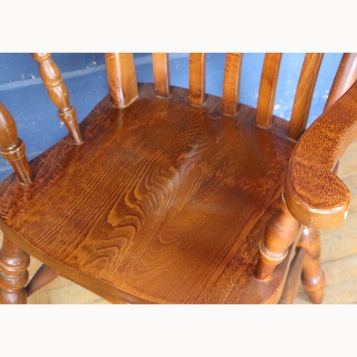 A Vintage Ash Slatback Kitchen Arm Chair Raised on Turned Supports - Image 6