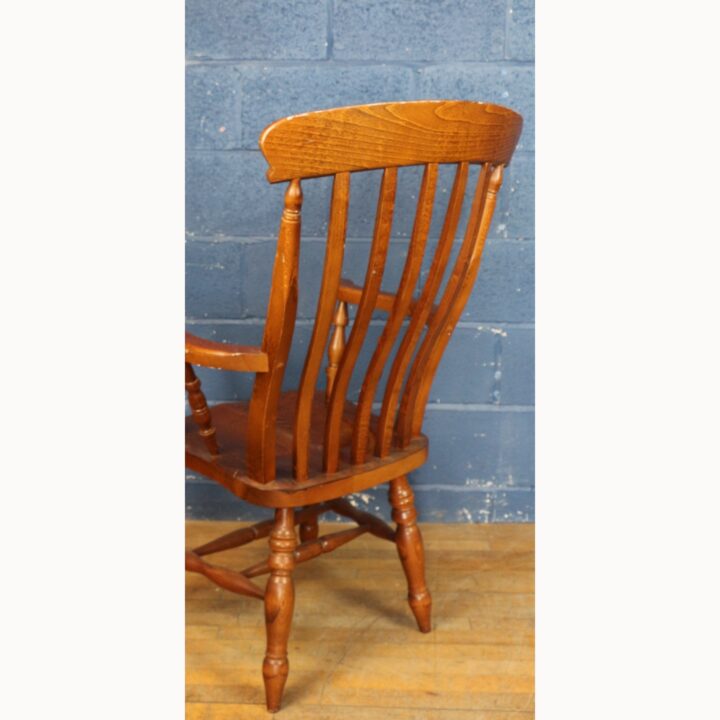 A Vintage Ash Slatback Kitchen Arm Chair Raised on Turned Supports - Image 3
