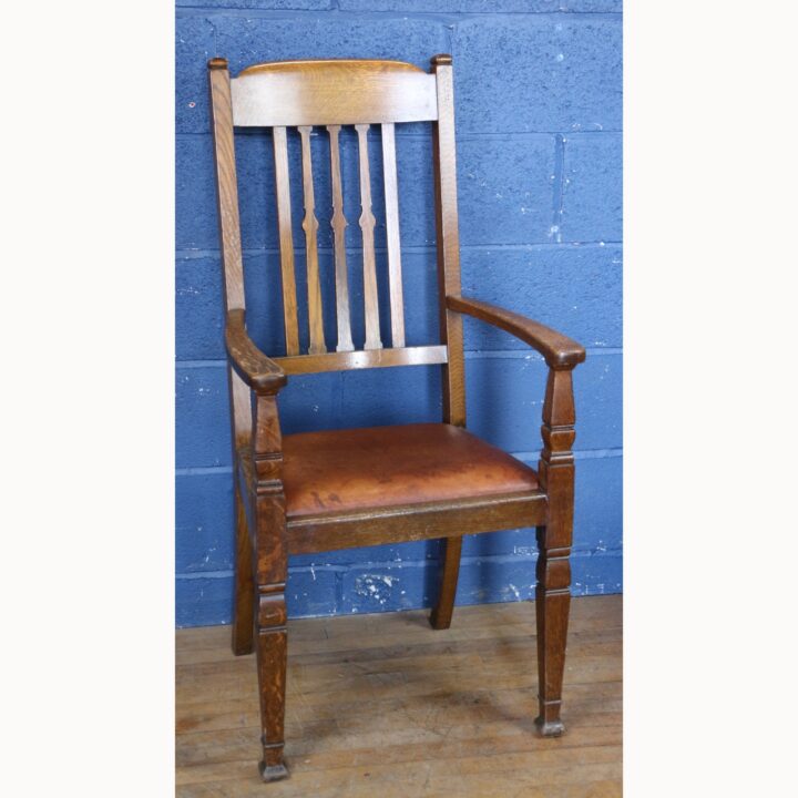 An Arts and Crafts Oak Open Arm Chair with Leather Seat - Image 2