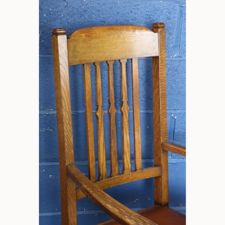 An Arts and Crafts Oak Open Arm Chair with Leather Seat - Image 6