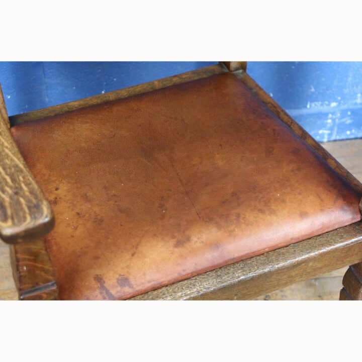 An Arts and Crafts Oak Open Arm Chair with Leather Seat - Image 5