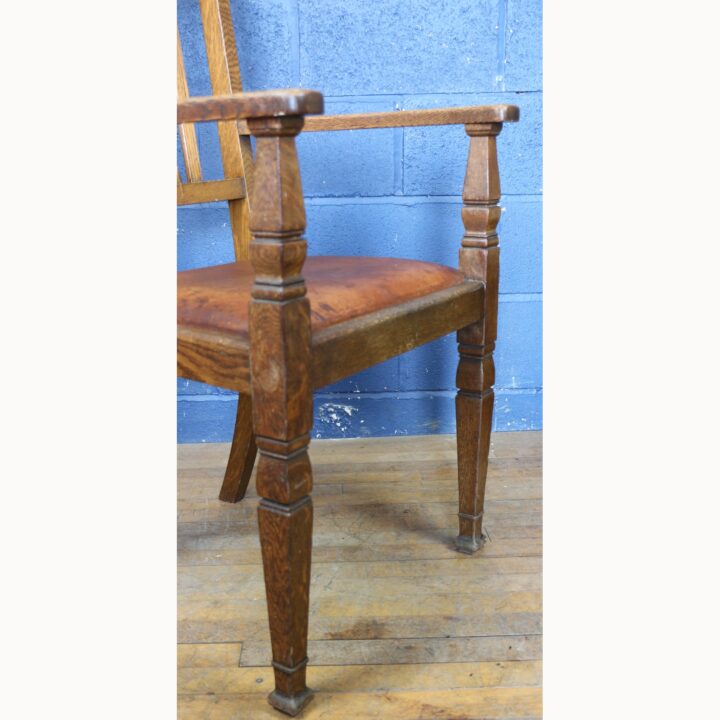An Arts and Crafts Oak Open Arm Chair with Leather Seat - Image 4